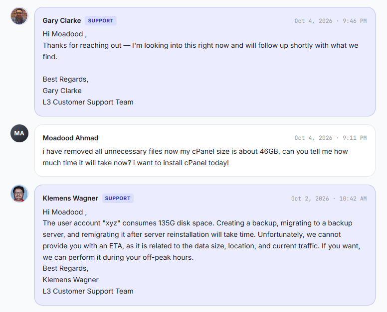 Support messages on 4 October about backup size and ETA