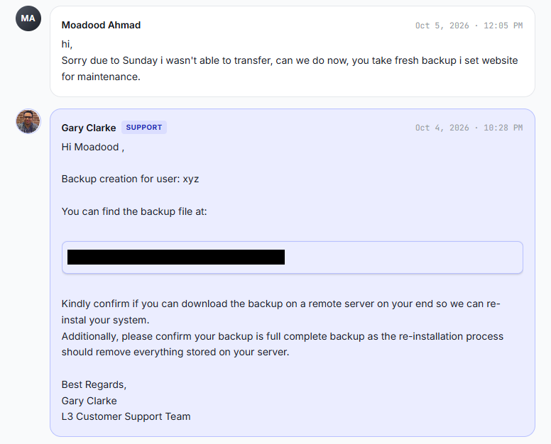 Support message with the backup file location on 4 October and my reply on 5 October