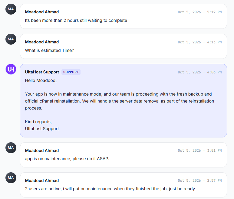 Support confirms the app is in maintenance mode and the reinstall has started, 5 October