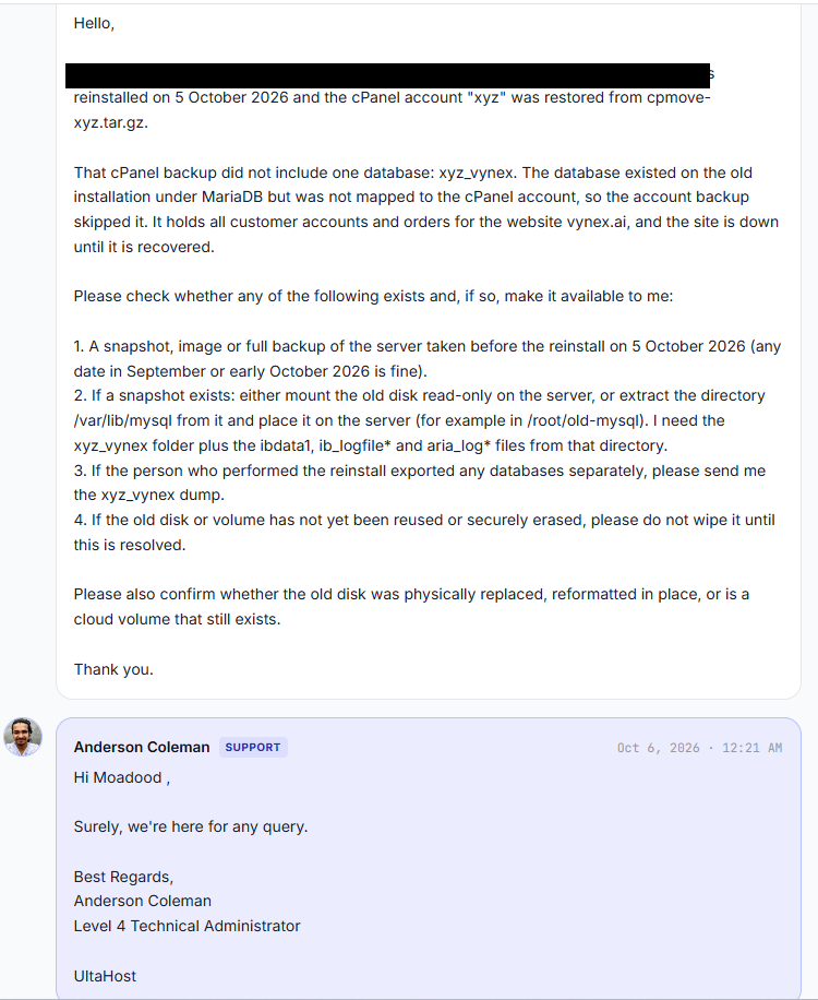 My message to UltaHost at around midnight on 6 October describing the missing database