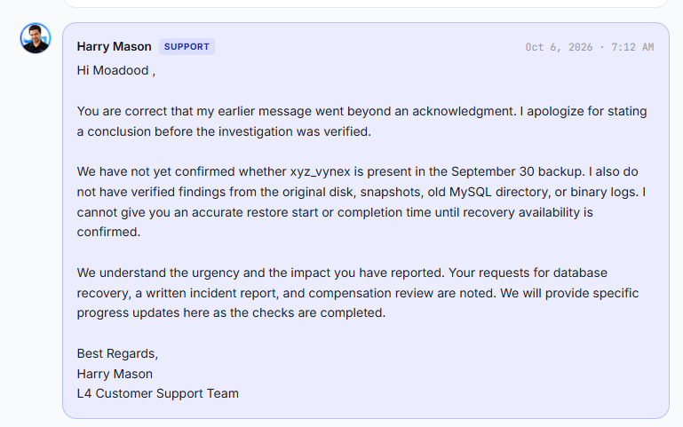 Support reply at 7:12 AM on 6 October saying the backup contents are not yet confirmed