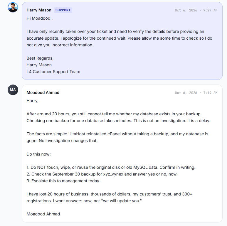 New agent at 7:27 AM and my 7:19 AM message on 6 October