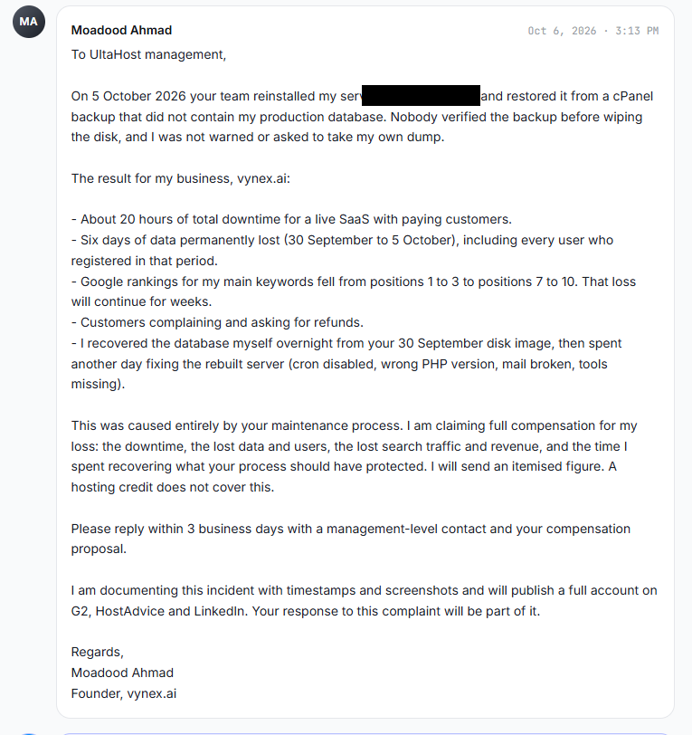 My formal complaint to UltaHost management, 6 October at 3:13 PM