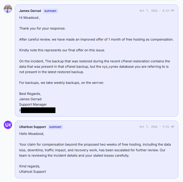 One month free hosting offer on 7 October and escalation message