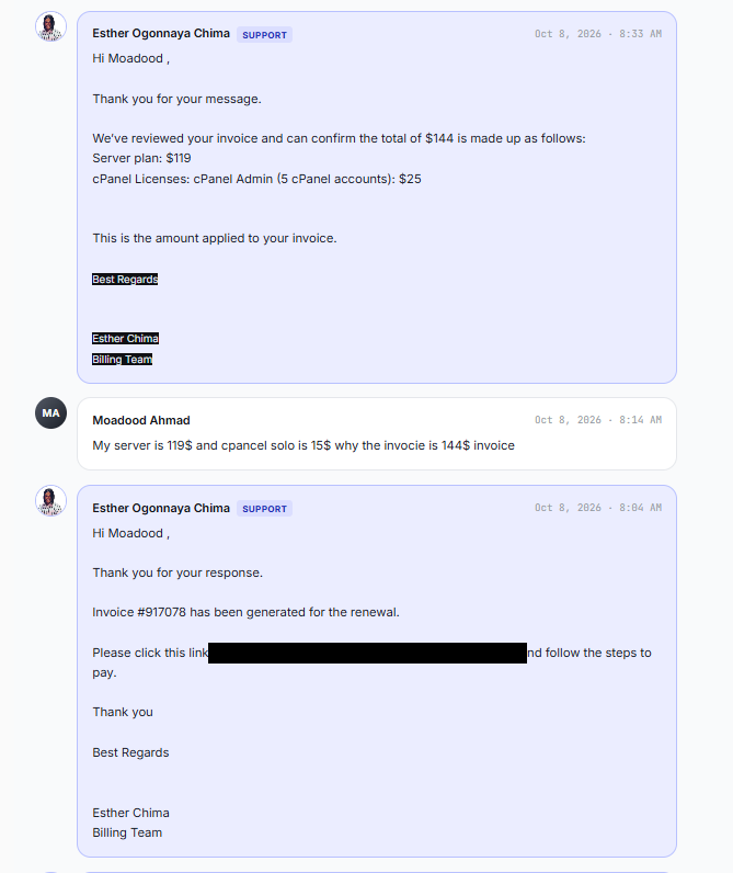 Billing breakdown of the $144 invoice on 8 October and my question