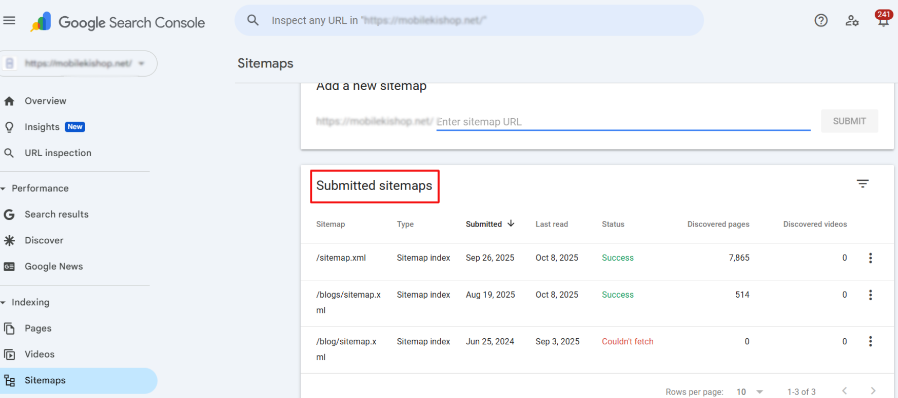 Select the Submitted Sitemap