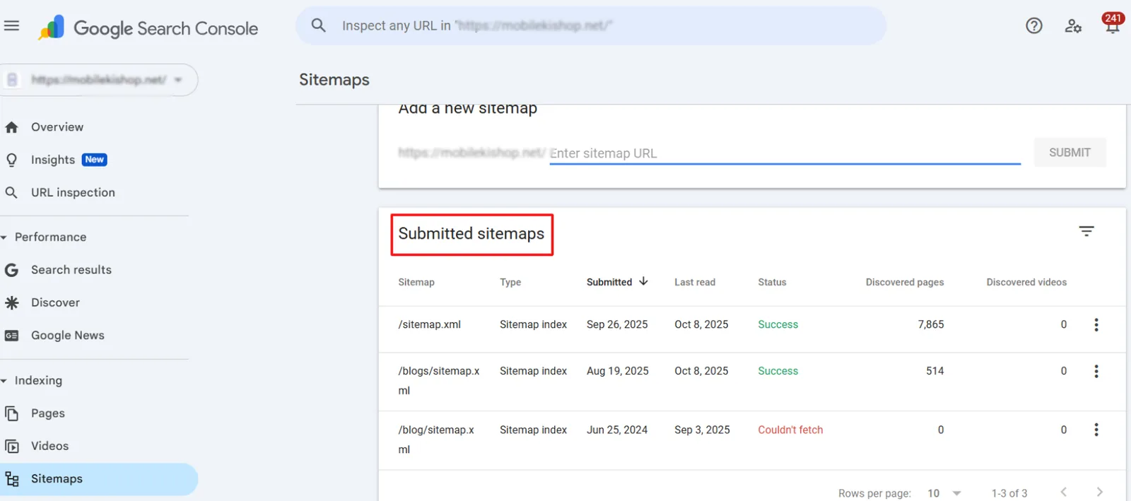 Select the Submitted Sitemap