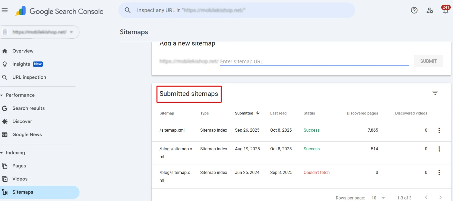 Select the Submitted Sitemap